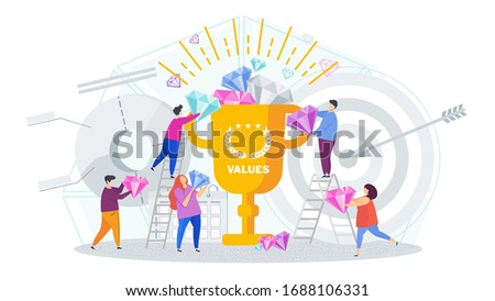 Business values concept. Company values shared by staff. Employees support the company ideas, business vision, mission, development concept. Trendy flat vector style illustration.