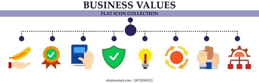 Icono plano de valores empresariales colección. Con icono de premio, aprendizaje, garantizado, idea, participación, gestión.  Para signo, símbolo, infografía o presentación 