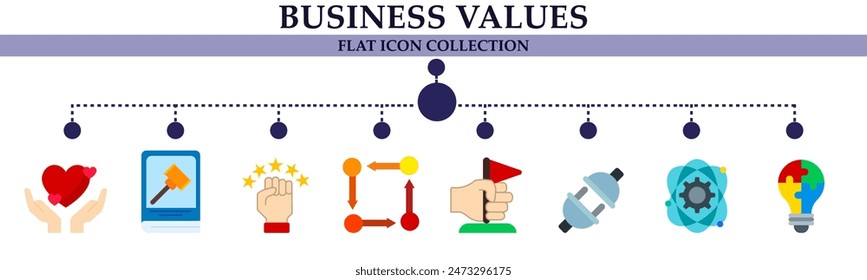 Business values flat icon collection. With icon of friendly, equally on justice, satisfaction, workflow, goals, connection, gear, idea .  For sign, symbol, infographics or presentation 