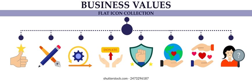 Business values flat icon collection. With icon of customer satisfaction, tools, management, donate, enthusiasm, global business, candidate.  For sign, symbol, infographics or presentation 