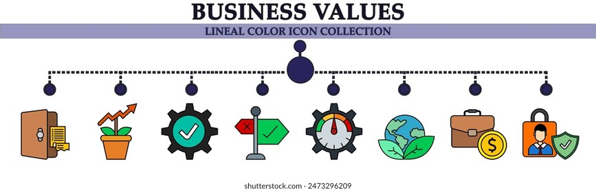 Business values flat icon collection. With icon of settings, green world, briefcase, gear, growth, personal secret, door. For sign, symbol, infographics, presentation or web graphics