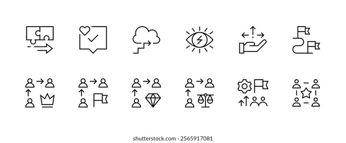 Business values icon collection. Vision, efficiency, success, experience, reputation, creativity, competence, consistency and more. Editable stroke. Pixel Perfect. Grid base 32px.