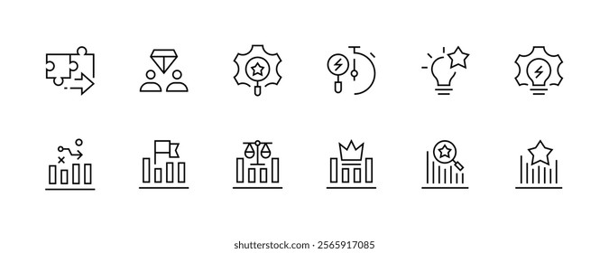 Business values icon collection. Vision, efficiency, success, experience, reputation, creativity, competence, consistency and more. Editable stroke. Pixel Perfect. Grid base 32px.