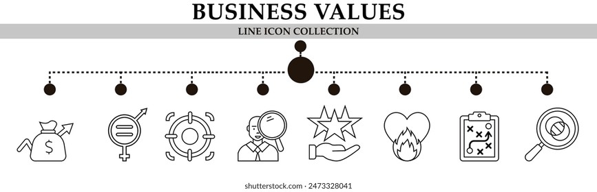  Business values line icon collection. With icon of revenue, candidate, target, good service, enthusiasm,strategy and magnifying glass. For sign, symbol, infographics, presentation or web graphics