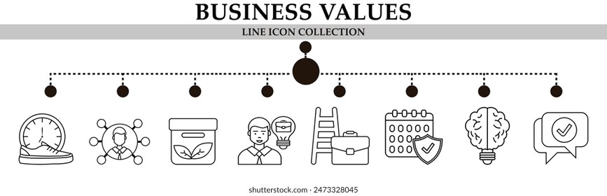  Business values line icon collection. With icon of employee, nature product, career, on time, creative, relations, communication. For sign, symbol, infographics, presentation or web graphics