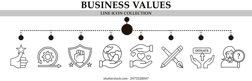 Business values line icon collection. With icon of customer satisfaction, tools, management, donate, enthusiasm, global business, candidate. For sign, symbol, infographics or presentation