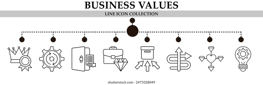 Business values line icon collection. With icon of crown, think management, inner box, briefcase, arrows, gear, page guard. For sign, symbol, infographics, presentation or web graphics