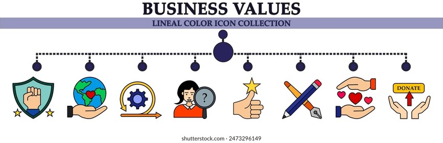 Business values lineal color icon collection. With icon of customer satisfaction, tools, management, donate, enthusiasm, global business, candidate.  For sign, symbol, infographics or presentation 