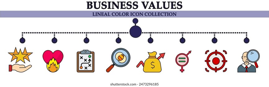 Business values lineal color icon collection. With icon of revenue, candidate, target, good service, enthusiasm, strategy, magnifying glass. For sign, symbol, infographics or presentation 