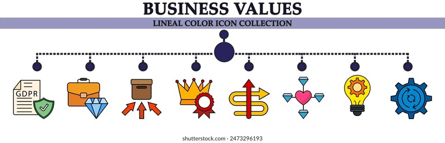 Business values lineal color icon collection. With icon of crown, think management, inner box, briefcase, arrows, gear, page guard. For sign, symbol, infographics, presentation or web graphics