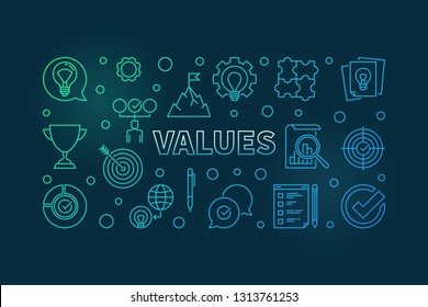 Business Values vector horizontal colorful outline illustration on dark background