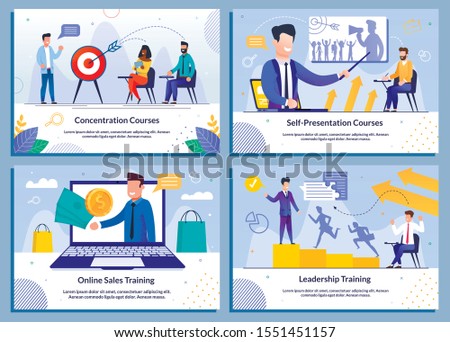 Business Vector Banner Flat Set for Company and Personnel Growth. Cartoon Businessmen Receiving Knowledge via Internet, during Coaching Courses on Meeting, Briefing. Vector Illustration
