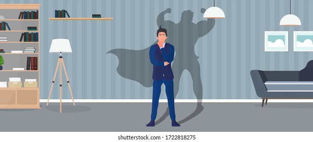 Banner vector de negocio. Concepto de super hombre de negocios. Empresario con una sombra de superhéroe. Joven hombre elegante y confiado.