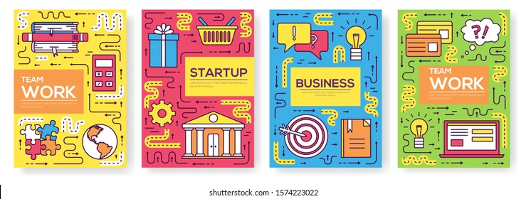 Business vector brochure cards thin line set. Marketing template of flyer, magazines, posters, book cover, banners. Layout outline illustrations modern pages