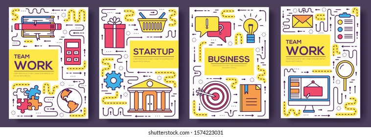 Business vector brochure cards thin line set. Marketing template of flyer, magazines, posters, book cover, banners. Layout outline illustrations modern pages