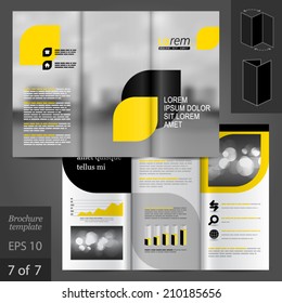 Business vector brochure template design with city, black and yellow geometric elements