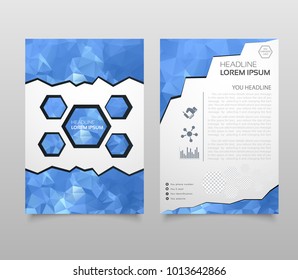 Business vector. Brochure template layout, cover design annual report, magazine, flyer in A4 with red flying triangles, square, circles, flower, polygons for science, teamwork. Abstract