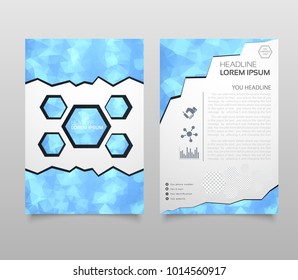 Business vector. Brochure template layout, cover design annual report, magazine, flyer in A4 with red flying triangles, square, circles, flower, polygons for science, teamwork. Abstract