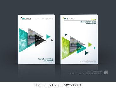Business vector. Brochure template layout, cover design annual report, magazine, flyer in A4 with flying emerald blue triangles, arrows, polygons for finance, science, teamwork. Abstract design.
