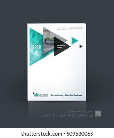 Business vector. Brochure template layout, cover design annual report, magazine, flyer in A4 with emerald flying triangles, arrows, polygons for finance, science, teamwork. Abstract design.
