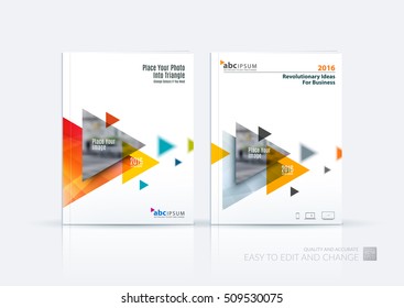 Business vector. Brochure template layout, cover design annual report, magazine, flyer in A4 with colourful flying triangles, arrows, polygons for finance, science, teamwork. Abstract design.
