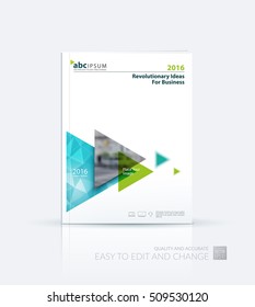 Business vector. Brochure template layout, cover design annual report, magazine, flyer in A4 with blue flying triangles, arrows, polygons for finance, science, teamwork. Abstract design.

