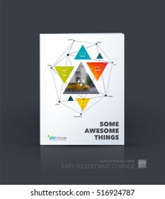 Business vector. Brochure template layout, cover design annual report, flyer in A4 with colourful triangular shapes, triangles, polygons, mesh for science, connections, teamwork. Abstract design.