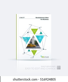 Business vector. Brochure template layout, cover design annual report, flyer in A4 with green triangular shapes, triangles, polygons, mesh for science, travel, connections, teamwork. Abstract design.