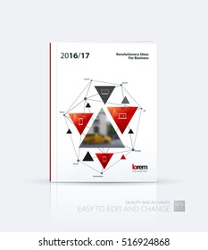 Business vector. Brochure template layout, cover design annual report, flyer in A4 with red triangular shapes, triangles, polygons, mesh for science, travel, connections, teamwork. Abstract design.