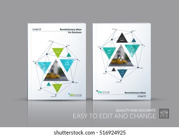 Business vector. Brochure template layout, cover design annual report, flyer in A4 with blue triangular shapes, triangles, polygons, mesh for science, travel, connections, teamwork. Abstract design.