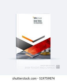 Business vector. Brochure template layout, cover design annual report, flyer in A4 with red triangles, arrows for business, finance, buildings, nature concept. Abstract creative design.