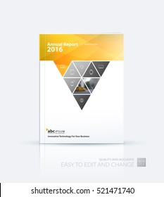 Business vector. Brochure template layout, cover design annual report, flyer in A4 with yellow triangles, arrows for business, finance, buildings, nature concept. Abstract creative design.