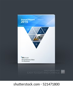 Business vector. Brochure template layout, cover design annual report, flyer in A4 with blue triangles, arrows for business, finance, buildings, nature concept. Abstract creative design.