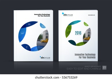 Business vector. Brochure template layout, cover design annual report, magazine, flyer in A4 with blue circle, soft shapes, parts for IT, business, beauty. Abstract art.