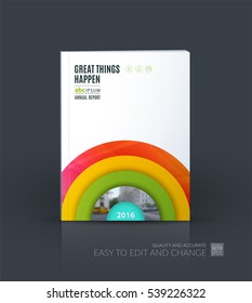 Business vector. Brochure template layout, cover design annual report, magazine, flyer in A4 with colourful half target, rainbow, circles, rounds for IT, business, beauty. Abstract art.
