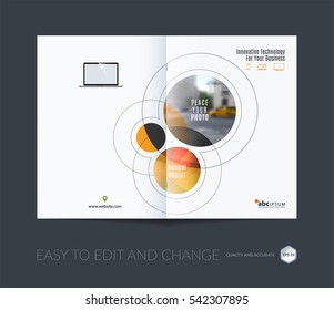 Business vector. Brochure template layout, cover design annual report, magazine, flyer in A4 with yellow rounds, circles, soft lines for IT, business, technology. Abstract art.