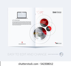 Business vector. Brochure template layout, cover design annual report, magazine, flyer in A4 with red rounds, circles, soft lines for IT, business, technology. Abstract art.