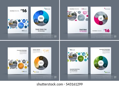 Business vector. Brochure template layout, cover design annual report, magazine, flyer in A4 with points circles dots for IT, business, beauty. Soft abstract art with overlay effect. Set