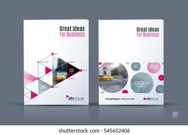 Business vector. Brochure template layout, cover design annual report, magazine, flyer in A4 with rounds, triangles, polygons for PR, business, tech. Abstract art with overlay effect.