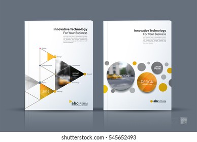Business vector. Brochure template layout, cover design annual report, magazine, flyer in A4 with rounds, triangles, polygons for PR, business, tech. Abstract art with overlay effect.