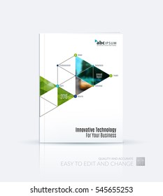 Business vector. Brochure template layout, cover design annual report, magazine, flyer in A4 with triangles, polygons for PR, business, tech. Abstract art with overlay effect.