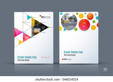 Business vector. Brochure template layout, cover design annual report, magazine, flyer in A4 with rounds, triangles, polygons for PR, business, tech. Abstract art with overlay effect.