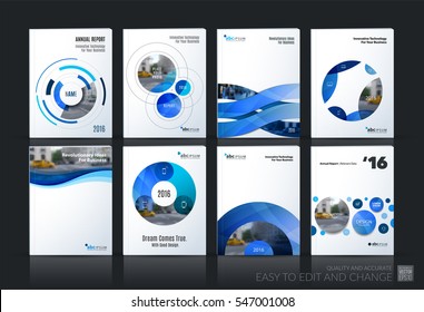Wirtschaftsvektor. Broschüren-Template-Layout, Cover soft Design Jahresbericht, Magazin, Flyer in A4 mit blauem Kreis, Runden, Kugel für PR, Business, Tech. Abstrakte Kunst mit Overlay-Effekt. Mega-Set