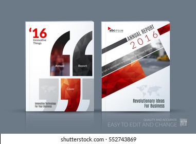 Business vector. Brochure template layout, cover modern design annual report, magazine, flyer in A4 with red quotes, commas for show, business, tech. Abstract art with overlay effect.