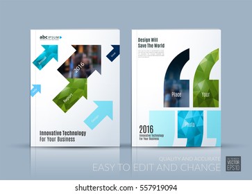 Business vector. Brochure template layout, cover modern design annual report, magazine, flyer in A4 with green diagonal positive arrows, triangles business, tech. Abstract art with overlay effect.
