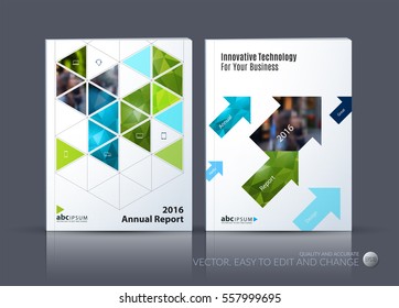 Business vector. Brochure template layout, cover modern design annual report, magazine, flyer in A4 with green moving shapes, geometric triangles business, tech. Abstract art with overlay effect.
