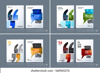 Business vector. Brochure template layout, cover modern design annual report, magazine, flyer in A4 with colourful quotes, commas for show, business, tech. Abstract art with overlay effect.