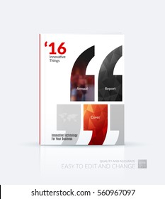 Business vector. Brochure template layout, cover modern design annual report, magazine, flyer in A4 with red quotes, commas for show, business, tech. Abstract art with overlay effect.