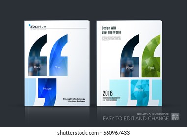 Business vector. Brochure template layout, cover modern design annual report, magazine, flyer in A4 with blue quotes, commas for show, business, tech. Abstract art with overlay effect.