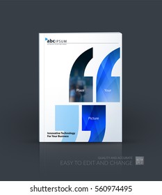 Business vector. Brochure template layout, cover modern design annual report, magazine, flyer in A4 with blue quotes, commas for show, business, tech. Abstract art with overlay effect.